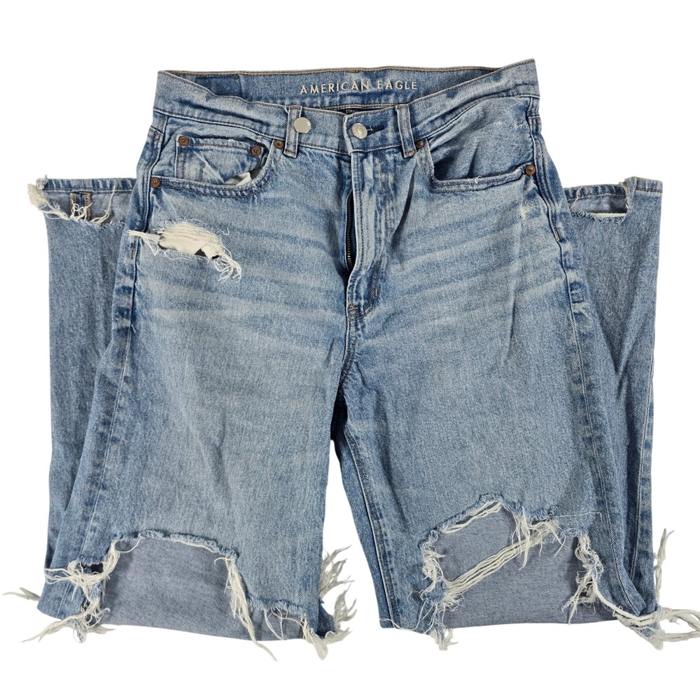 American Eagle Highest Rise Baggy Straight Distressed Jeans Light Wash 6 Short